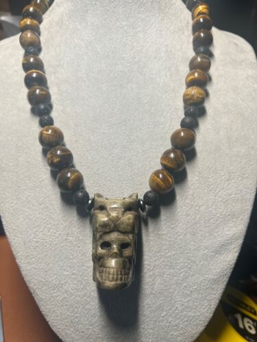 Jaguar Warrior, Gold Sheen Obsidian, Tiger Eye Beaded Necklace Mexico Rare (#35)