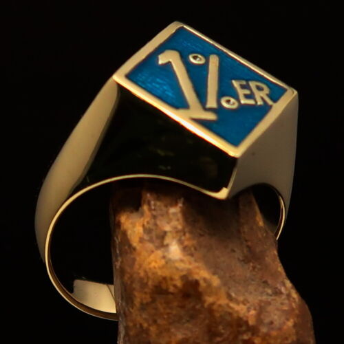 DIAMOND SHAPED MENS BRASS BIKER RING 1% ER ONE PERCENTER SYMBOL BLUE SIZE 11 - Picture 3 of 7