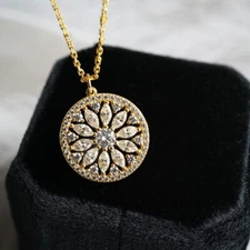 Round Disc Coin CZ Pendant Necklace Chain Gold Over 925 Sterling Silver N910