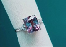 925 Sterling Silver Lab-Created Alexandrite Gemstone Cushion Shape Handmade Ring