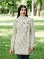 SAOL Aran Leaf Buttoned Coat Cardigan for Women Double Breasted Irish Sweater