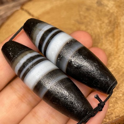 2pcs Natural Magic Power Tibetan Old Agate Amulet Line Dzi Beads CB100
