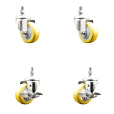 3 Inch 316SS Yellow Polyurethane Swivel ½ Inch Threaded Stem Caster Set 2 Brakes