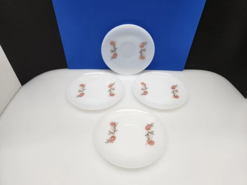 4 Vintage Fire King Fleurett Primrose Saucers Red Pink Floral Flower Milk Glass