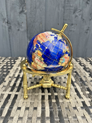VINTAGE BLUE SEMI PRECIOUS STONE GEMSTONE GLOBE BRASS BASE 7.5" DESK PAPERWEIGHT - Picture 2 of 8