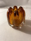 Murano Bullicante Art Glass Vase/ Bowl  Ribbed Amber and Clear Glass   Vintage