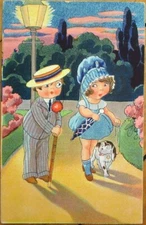 Art Deco 1934 Postcard, Children by Streetlamp, Boy Courting Girl, Dog