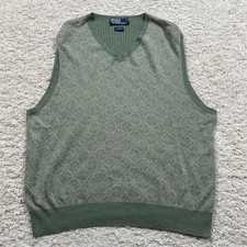 Vintage Polo Ralph Lauren Sweater Vest XL Green Cotton Silk V-Neck Knit Ribbed