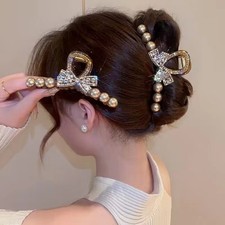 Korean Style Bow Hair Clip with Pearl Accent Gold Women's Hair Accessory 11cm