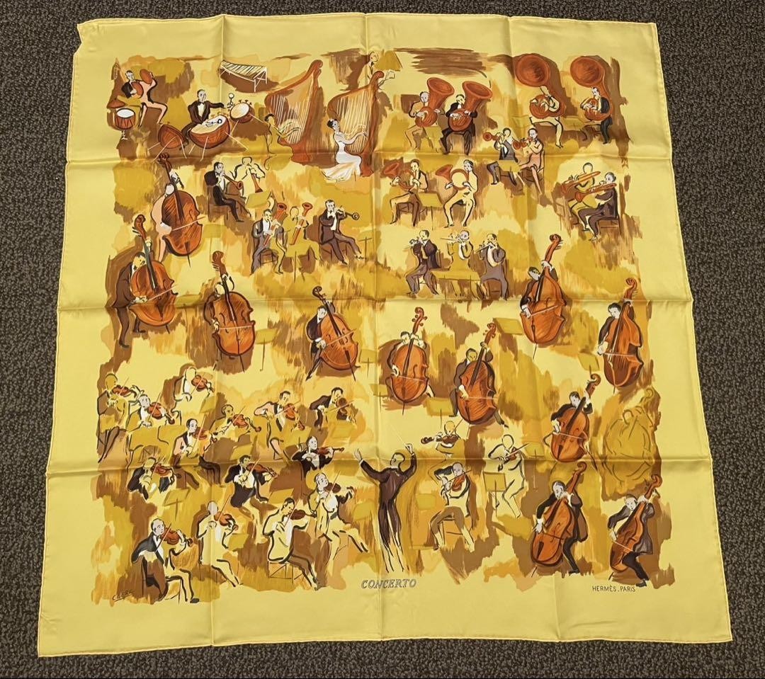 Hermes Scarf CONCERTO Jean Louis Clerc 90 cm silk yellow orange