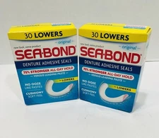 Sea Bond Lower Secure Denture Adhesive Seals All Day Strong Hold 2 boxes of 30