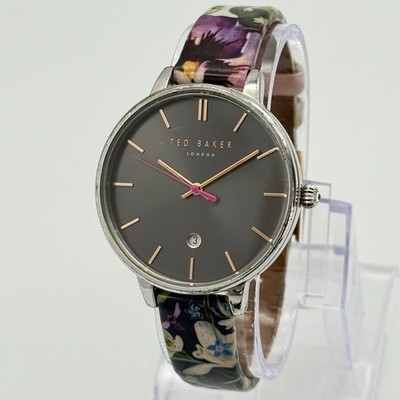 Women's TED BAKER Silver Tone 38mm Watch Floral Leather Band Black Dial 10031549