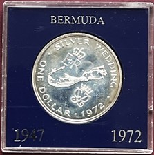 Bermuda 1972 moneta argento $ 1 dollaro ~ matrimonio regina Elisabetta II e principe Filippo