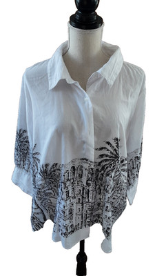Cj Banks 1x Button Up Shirt White Graphic Print 3/4 Slvs Cot/Poly
