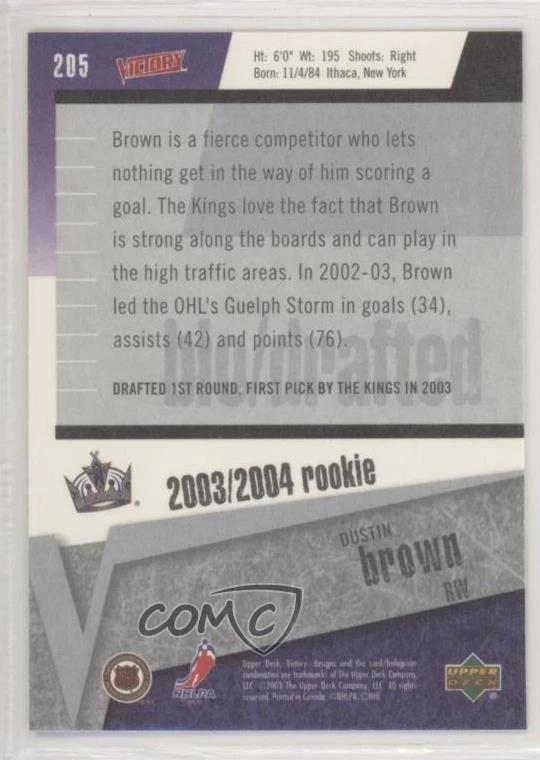 2003-04 Upper Deck Victory 2003/2004 Rookie Dustin Brown #205 Rookie RC - Image 2 of 2