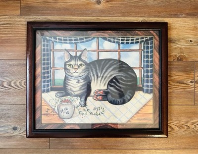 Vintage Folk Art Cat Painting D.Lacey-Derstine American Primitive
