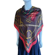 LAUREN RALPH LAUREN Horsebit Saddle Equestrian Silk Scarf 34"x34 Brown/Red/Multi