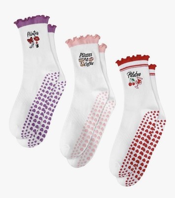 Cute Womens Grip Crew Pilates Socks Heart Pattern 3 Pairs Red Pink Purple US 5-9
