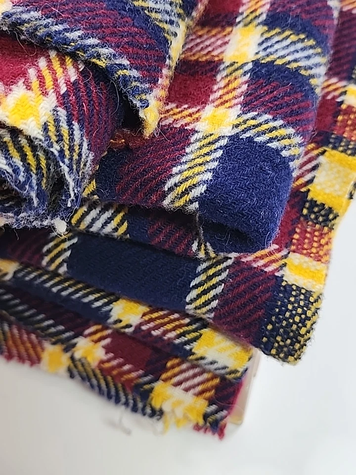 1.4yds X 52"w 60s 70s Wool Yellow Blue Maroon Tartan Plaid Sewing Tweed Fabric - Image 3 of 4