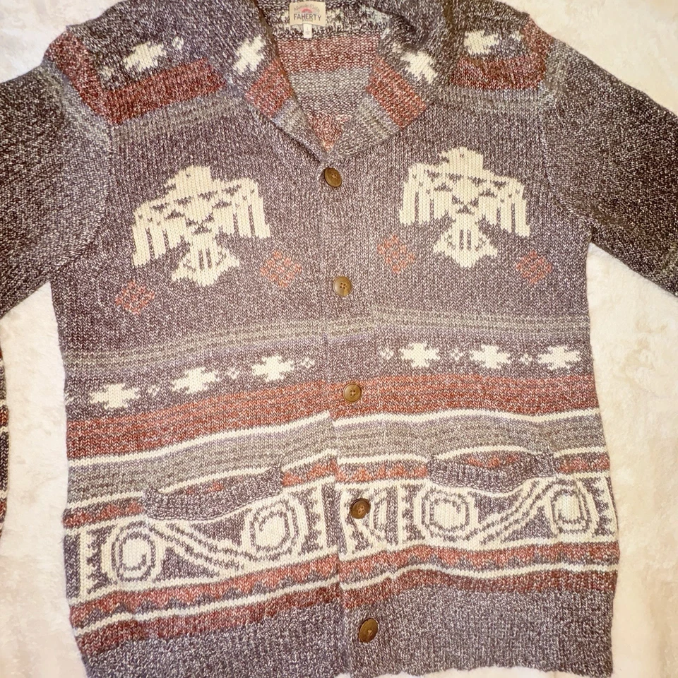 Faherty Steven Paul Judd Cardigan Men L Gray Aztec Sweater Thunderbird Fair Isle - Image 2 of 4