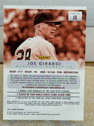 2012 Panini Prizm Joe Girardi Auto Yankees #JG - Picture 2 of 2