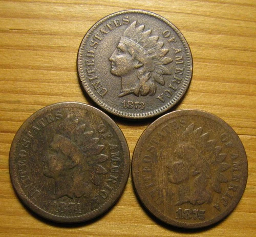 LOT OF (3) 1873 1874 1875 INDIAN HEAD CENTS FROM US COIN COLLECTION PENNY SET