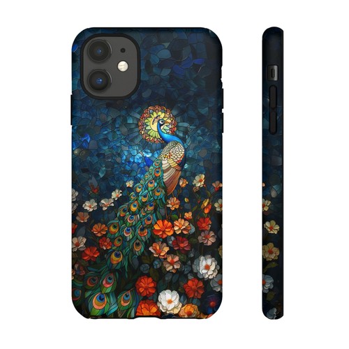For iPhone, Galaxy, Pixel Phone Case Cover - Blue Stained Glass Peacock Flower - Picture 85 of 242