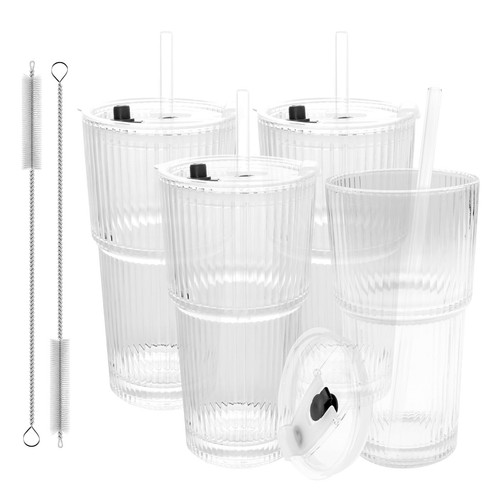4 Pcs Ribbed Glass Tumblers Stylish Ribbed Glass Cups with Lids and Glass AU~· - Picture 11 of 11