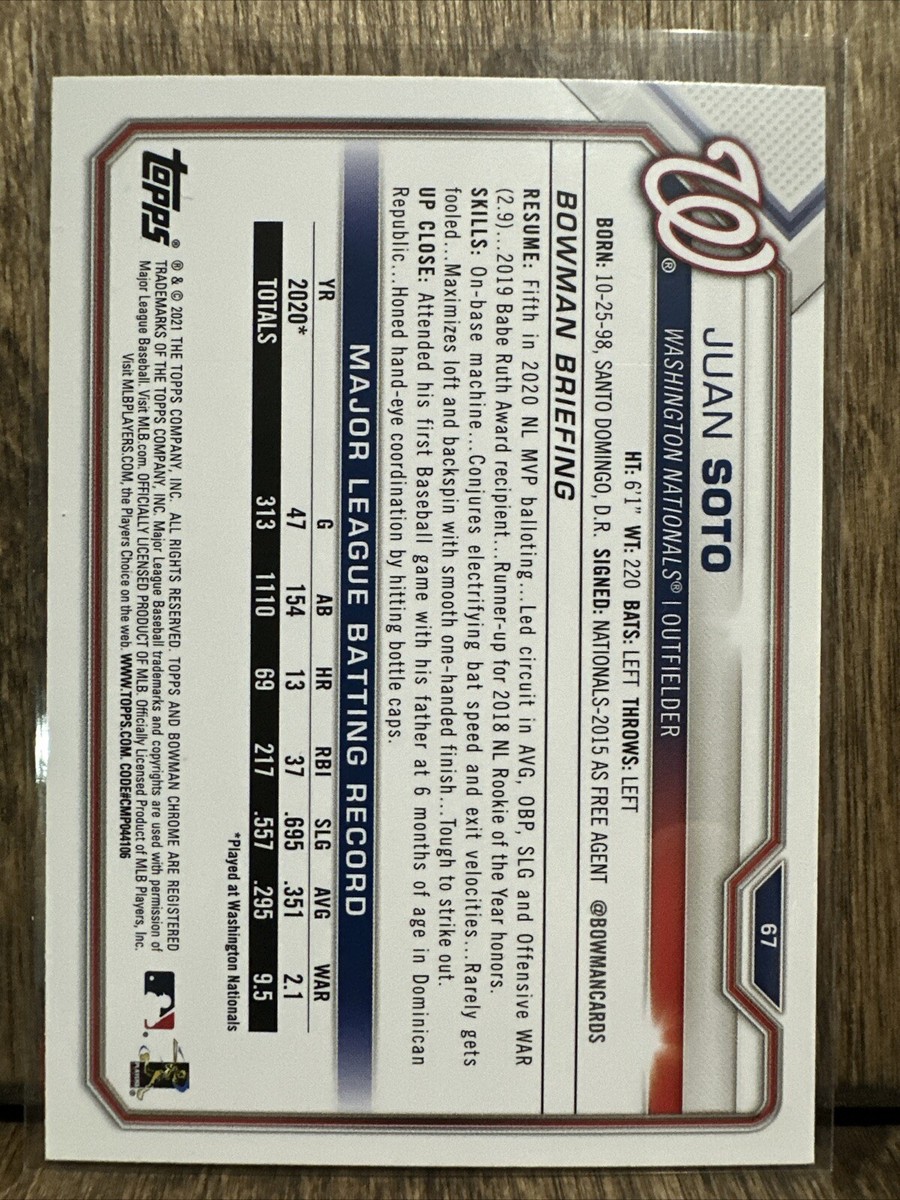 フアン・ソトTopps Bowman 2021カード ワシントン・ナショナルズ 2021 Bowman Juan Soto #67 Washington Nationals | eBay