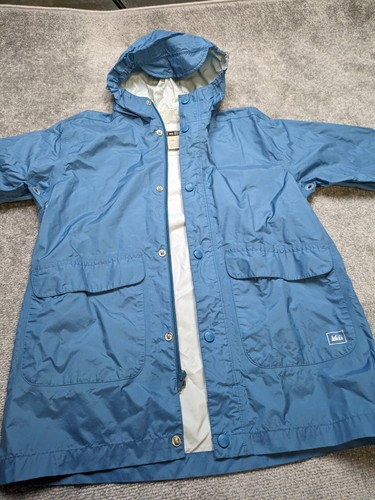REI Nylon Rain Jacket Kids Large (12/14) Blue Hooded Vented Pockets Zip Snap - Picture 6 of 17