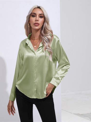 Elegant Women Satin Shirt Solid Color Long Sleeve Blouse Casual Button Down Tops - Picture 98 of 117