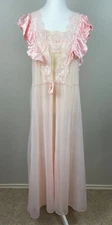 Val Mode Nightgown & Robe Set Womens Medium Pink Nylon Lace Ruffled Long VTG USA