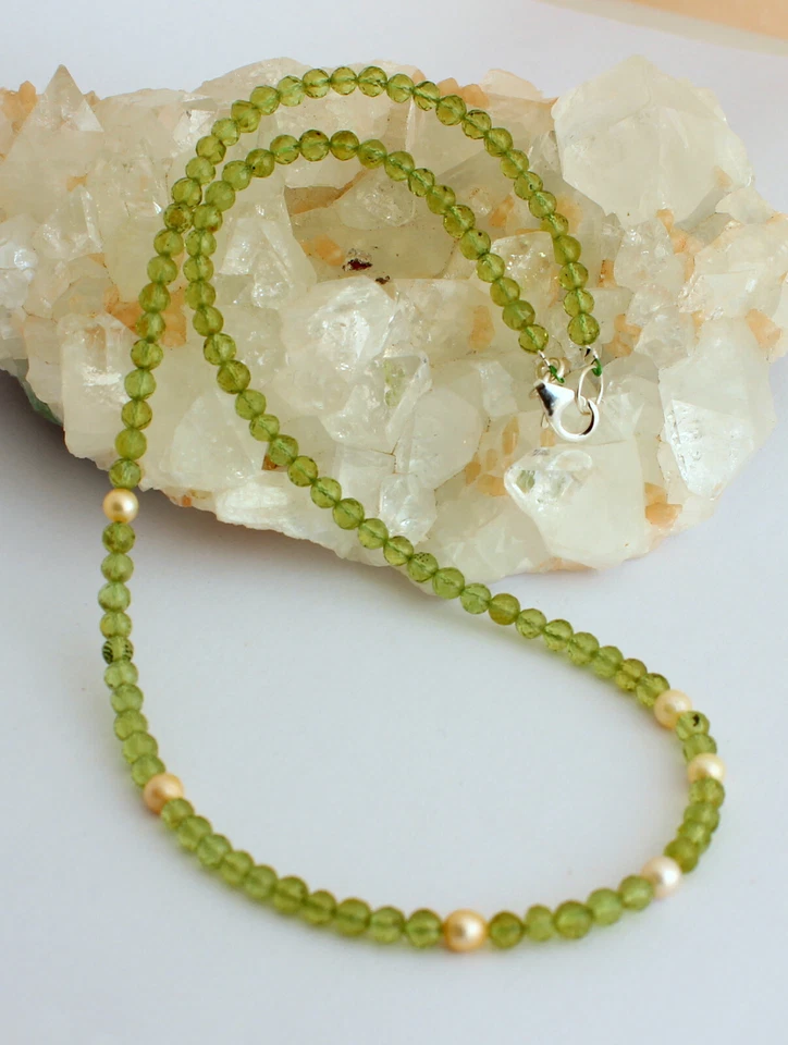 Edle Peridot Kette mit Perle edelsteinkette Olivin Grün facettierte Collier 45cm - Bild 2 von 2