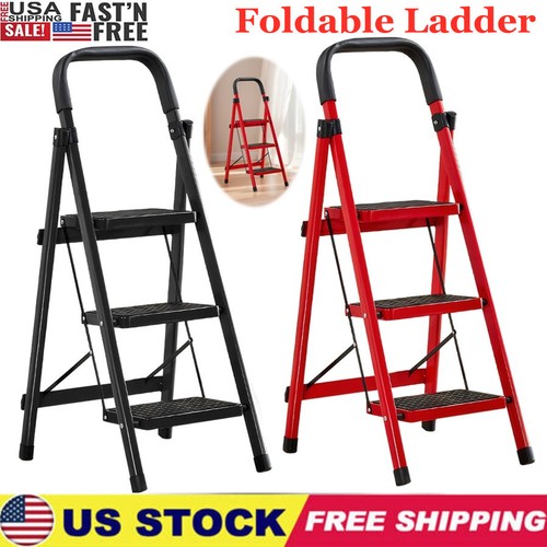 3 Step Ladder Folding Step Stool Steel Anti-Slip For Household Office Use 330lbs