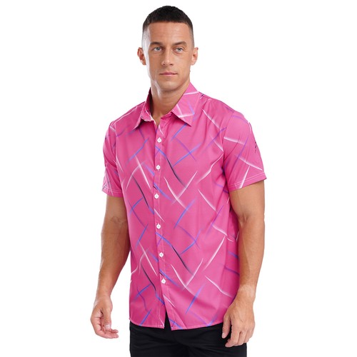Mens Colorful Striped Casual Short Sleeve Button Down Vacation Holiday Tops - Picture 19 of 77