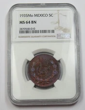 1935-Mo NGC MS64 BN Brown Mint State 5 Centavos 5C Mexico Coin Item #33653A