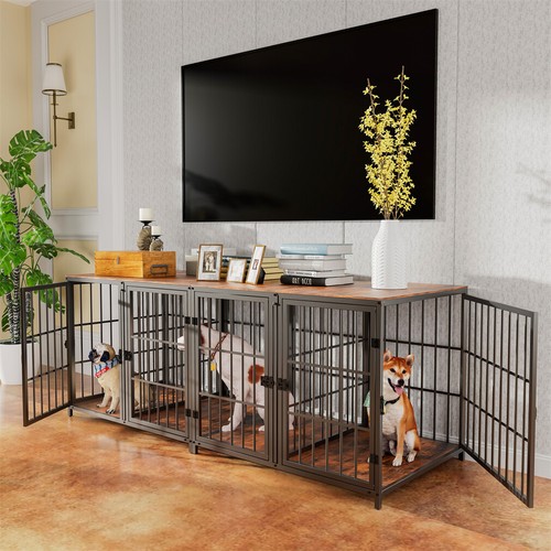 New 4 Door Dog Crate Sturdy Wooden Pet Cage Side Table Bold Metal Tube Kennel XL - Picture 5 of 15