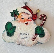 SANTA CLAUS w GREEN MITTENS, CANDY CANE * Glitter CHRISTMAS ORNAMENT * Vtg Img