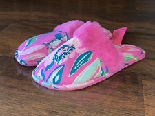 Lilly Pulitzer 5/6 Plumeria Pink I'M FELINE FINE CLARA SLIPPERS Plush Trim NWT