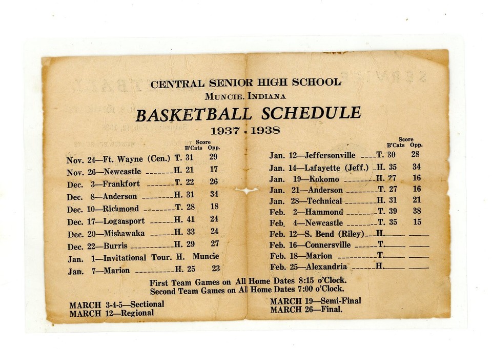 1938 Muncie Central Bearcats Basketball Program Vs South Bend High