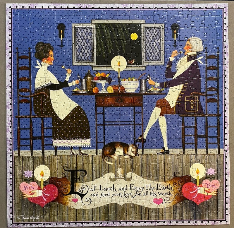 Charles Wysocki Square - Dining Sweethearts - 300 Large Piece Puzzle Complete