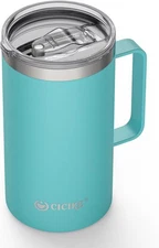 24 Ounces Travel Mug with Handle and Lid, Insulated, Stainless Large, Seafoam 