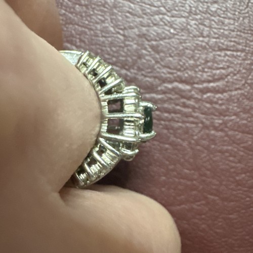 Anillo Vintage Verde Circonita 925 Plata Flor Halo Y Diseño Baguette - Imagen 5 de 12