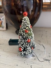 Vintage Mini Flocked Bottle Brush Christmas Trees w/Red Decorations & Light