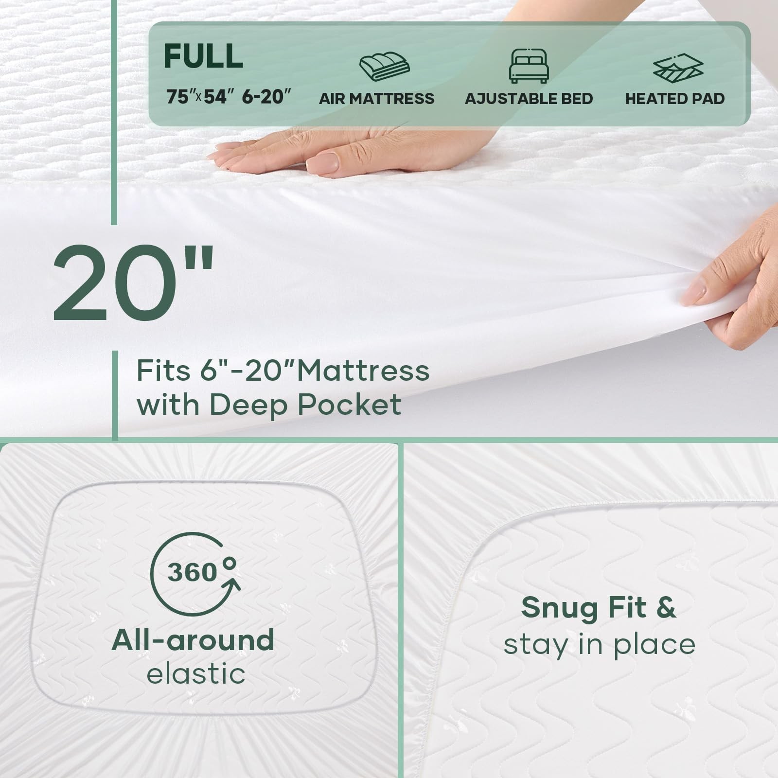100% Waterproof Mattress Protector, Full Size Mattress Pad, Fits 6"-20" Mattr...