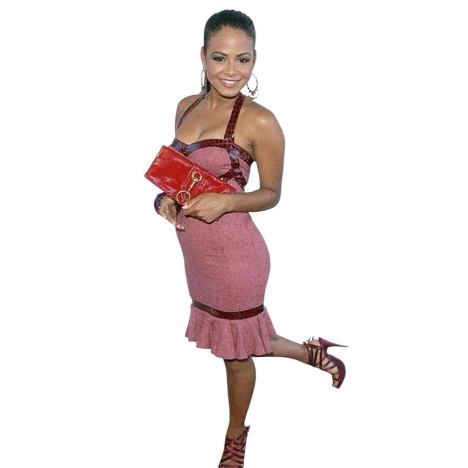 Vintage BEBE Unique Rare2Find Y2K Burgundy WoolTweed/CrocLeather Halter Dress 2 - Image 2 of 4