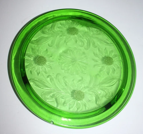 1930's Jeanette Green Depression Glass Sunflower 10" Footed Cake Plate