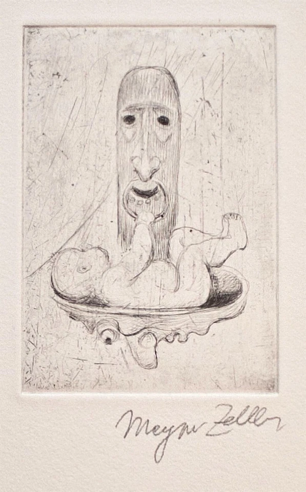 Magnus Zeller Kleinkind Baby Brunnen Expressionismus signiert Radierung um 1965 - Bild 3 von 3