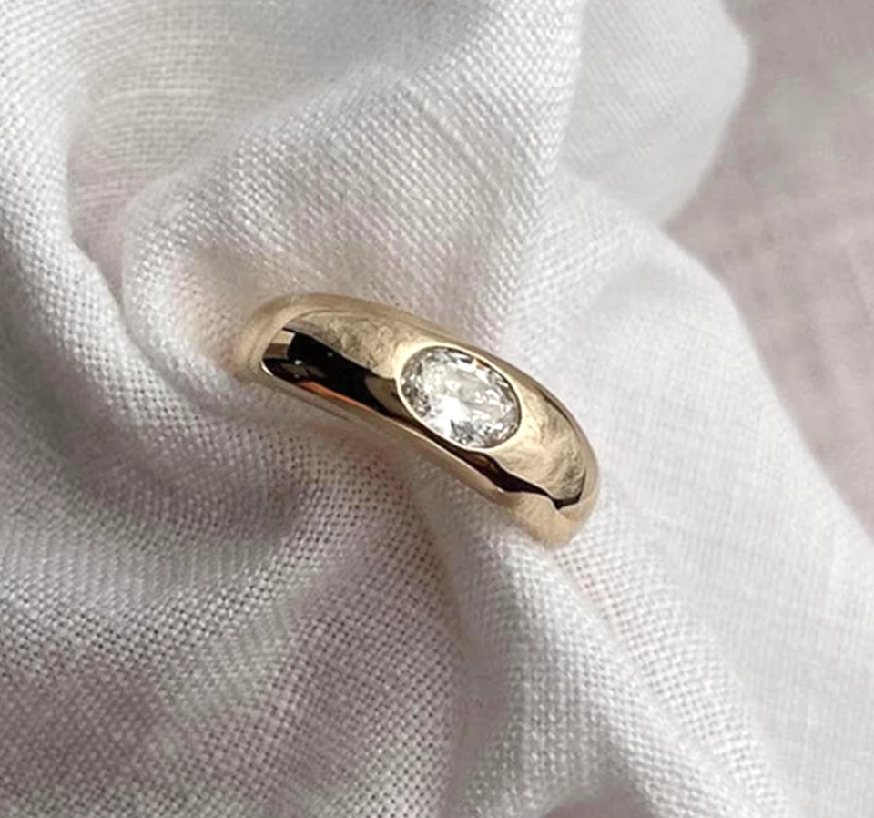 Lab Grown Oval Diamond Ring, Bezel Set 10K Solid Gold Dome Ring Gifts For Her - Image 3 of 3