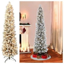 Puleo 6.5 Foot Pre-Lit Artificial Christmas Tree Flocked Portland Pine Pencil